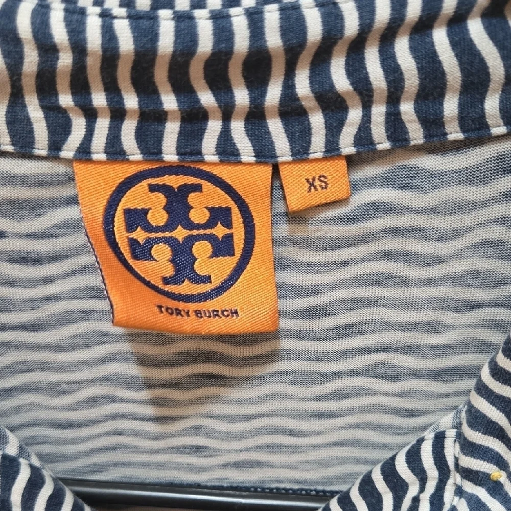 Tory Burch Navy and White Wavy Striped Long Sleeve Top